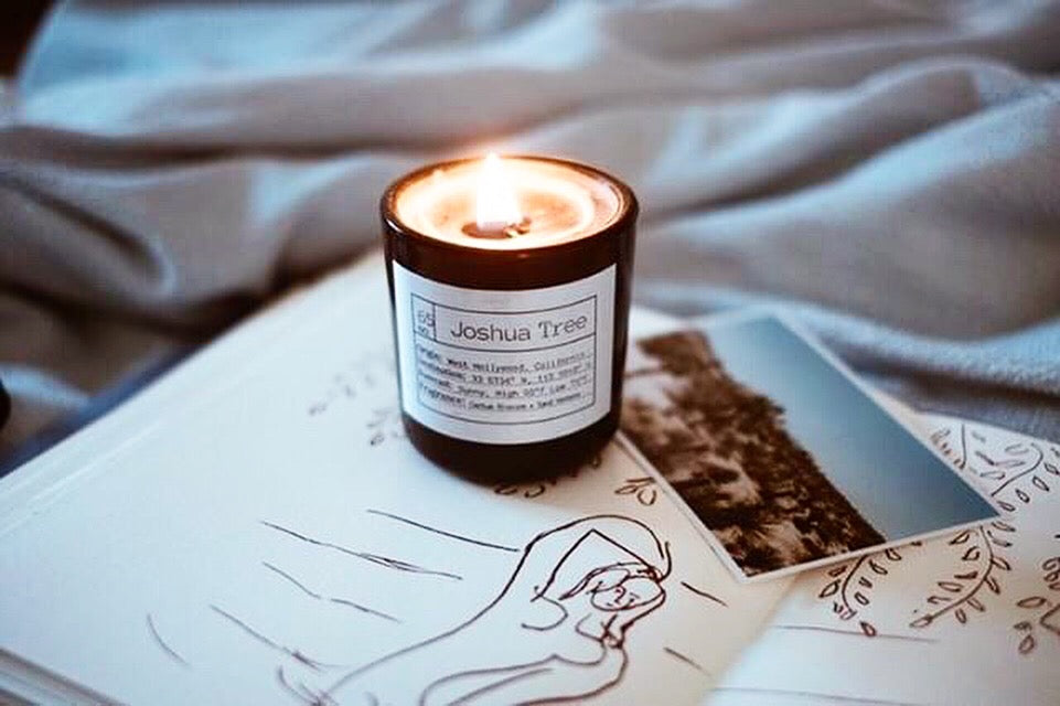 This candle was inspired by the scent of the desert after it rains... an intoxicating blend of cactus blossom + geranium with top notes of a campfire to immerse yourself in the natural landscape of Joshua Tree and the campsites nearby.